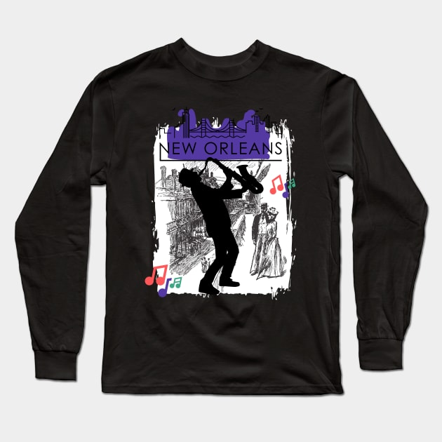 Purple New Orleans Louisiana Mardi Gras City Skyline Music Jazz Travel holidays Long Sleeve T-Shirt by BoogieCreates